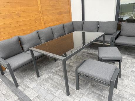 Duży narożnik ogrodowy metalowy 294x184cm Sodor Corner XXL z 2 fotelami, 2 pufami i stołem 160cm - Dark Grey