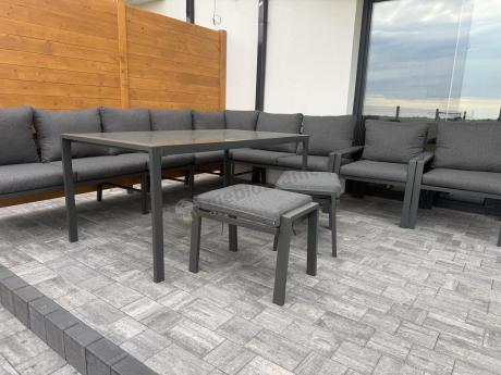 Duży narożnik ogrodowy metalowy 294x184cm Sodor Corner XXL z 2 fotelami, 2 pufami i stołem 160cm - Dark Grey