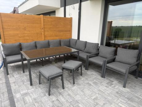 Duży narożnik ogrodowy metalowy 294x184cm Sodor Corner XXL z 2 fotelami, 2 pufami i stołem 160cm - Dark Grey