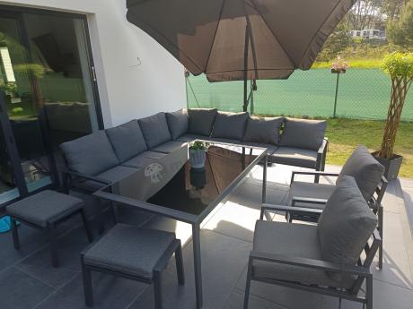 Duży narożnik ogrodowy metalowy 294x184cm Sodor Corner XXL z 2 fotelami, 2 pufami i stołem 160cm - Dark Grey