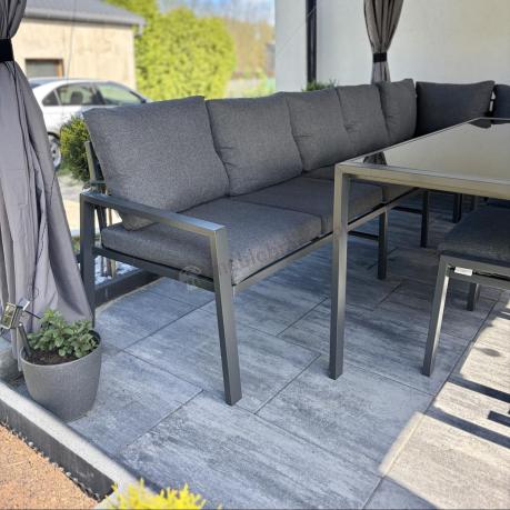 Duży narożnik ogrodowy metalowy 294x184cm Sodor Corner XXL z 2 fotelami, 2 pufami i stołem 160cm - Dark Grey