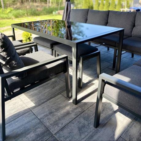 Duży narożnik ogrodowy metalowy 294x184cm Sodor Corner XXL z 2 fotelami, 2 pufami i stołem 160cm - Dark Grey
