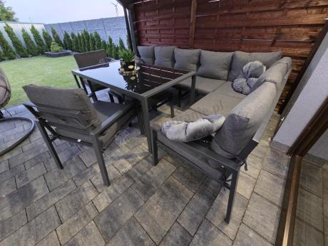 Duży narożnik ogrodowy metalowy 294x184cm Sodor Corner XXL z 2 fotelami, 2 pufami i stołem 160cm - Dark Grey