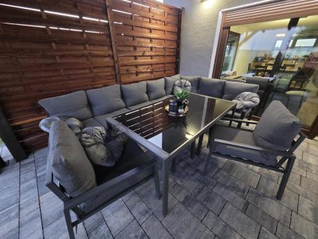 Duży narożnik ogrodowy metalowy 294x184cm Sodor Corner XXL z 2 fotelami, 2 pufami i stołem 160cm - Dark Grey