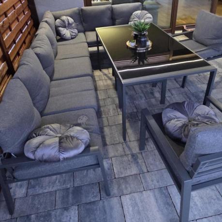 Duży narożnik ogrodowy metalowy 294x184cm Sodor Corner XXL z 2 fotelami, 2 pufami i stołem 160cm - Dark Grey