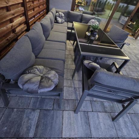 Duży narożnik ogrodowy metalowy 294x184cm Sodor Corner XXL z 2 fotelami, 2 pufami i stołem 160cm - Dark Grey