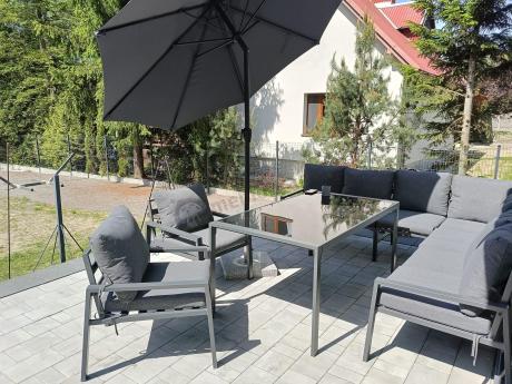 Duży narożnik ogrodowy metalowy 294x184cm Sodor Corner XXL z 2 fotelami, 2 pufami i stołem 160cm - Dark Grey