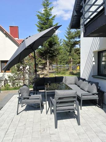 Duży narożnik ogrodowy metalowy 294x184cm Sodor Corner XXL z 2 fotelami, 2 pufami i stołem 160cm - Dark Grey
