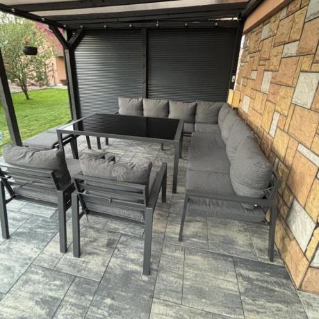 Duży narożnik ogrodowy metalowy 294x184cm Sodor Corner XXL z 2 fotelami, 2 pufami i stołem 160cm - Dark Grey