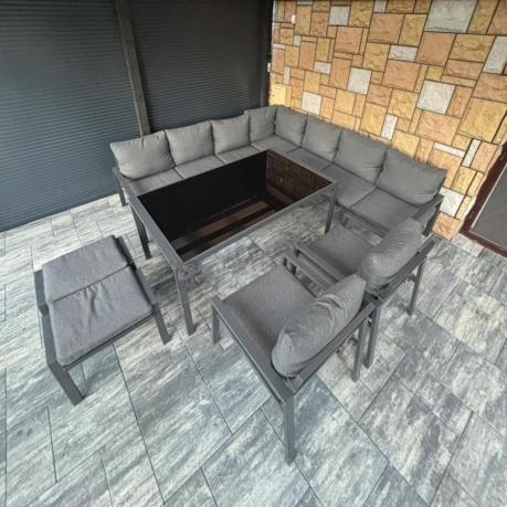 Duży narożnik ogrodowy metalowy 294x184cm Sodor Corner XXL z 2 fotelami, 2 pufami i stołem 160cm - Dark Grey