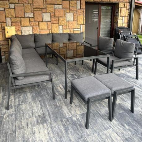 Duży narożnik ogrodowy metalowy 294x184cm Sodor Corner XXL z 2 fotelami, 2 pufami i stołem 160cm - Dark Grey