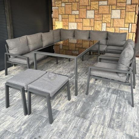 Duży narożnik ogrodowy metalowy 294x184cm Sodor Corner XXL z 2 fotelami, 2 pufami i stołem 160cm - Dark Grey