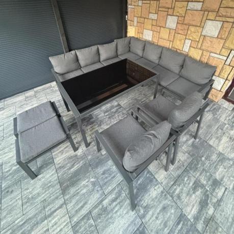 Duży narożnik ogrodowy metalowy 294x184cm Sodor Corner XXL z 2 fotelami, 2 pufami i stołem 160cm - Dark Grey