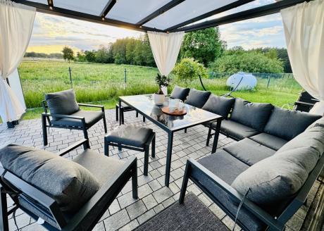 Duży narożnik ogrodowy metalowy 294x184cm Sodor Corner XXL z 2 fotelami, 2 pufami i stołem 160cm - Dark Grey