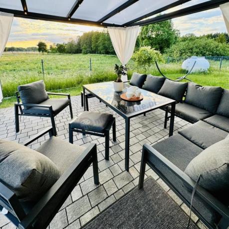 Duży narożnik ogrodowy metalowy 294x184cm Sodor Corner XXL z 2 fotelami, 2 pufami i stołem 160cm - Dark Grey