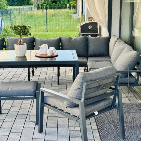 Duży narożnik ogrodowy metalowy 294x184cm Sodor Corner XXL z 2 fotelami, 2 pufami i stołem 160cm - Dark Grey