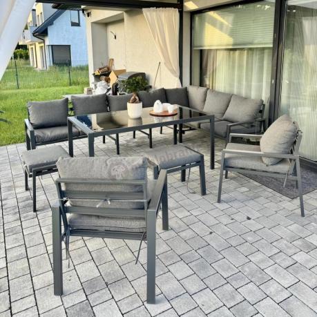 Duży narożnik ogrodowy metalowy 294x184cm Sodor Corner XXL z 2 fotelami, 2 pufami i stołem 160cm - Dark Grey
