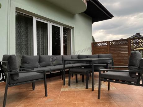 Duży narożnik ogrodowy metalowy 294x184cm Sodor Corner XXL z 2 fotelami, 2 pufami i stołem 160cm - Dark Grey