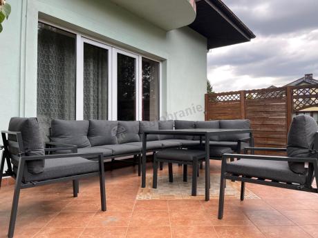 Duży narożnik ogrodowy metalowy 294x184cm Sodor Corner XXL z 2 fotelami, 2 pufami i stołem 160cm - Dark Grey