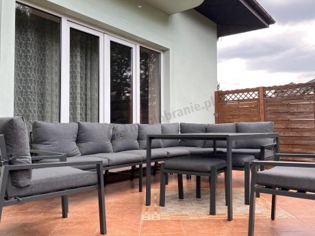 Duży narożnik ogrodowy metalowy 294x184cm Sodor Corner XXL z 2 fotelami, 2 pufami i stołem 160cm - Dark Grey