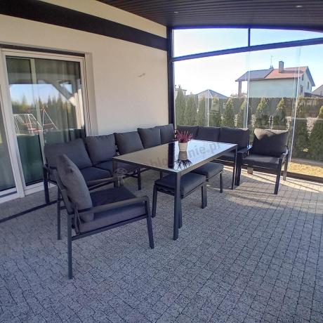 Duży narożnik ogrodowy metalowy 294x184cm Sodor Corner XXL z 2 fotelami, 2 pufami i stołem 160cm - Dark Grey