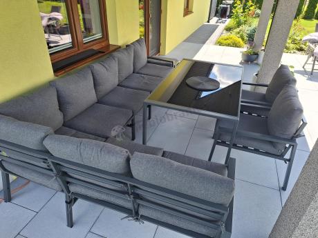 Duży narożnik ogrodowy metalowy 294x184cm Sodor Corner XXL z 2 fotelami, 2 pufami i stołem 160cm - Dark Grey