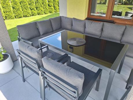 Duży narożnik ogrodowy metalowy 294x184cm Sodor Corner XXL z 2 fotelami, 2 pufami i stołem 160cm - Dark Grey