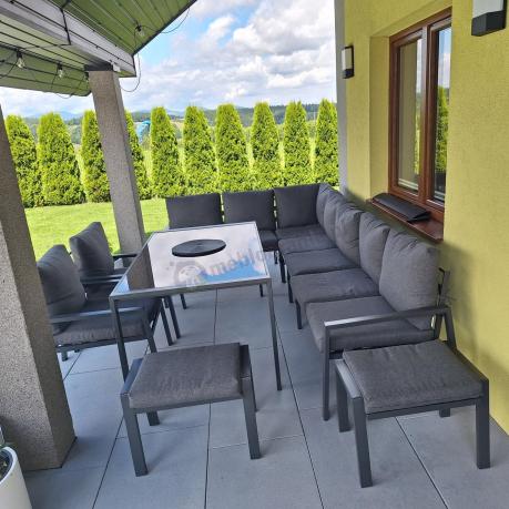 Duży narożnik ogrodowy metalowy 294x184cm Sodor Corner XXL z 2 fotelami, 2 pufami i stołem 160cm - Dark Grey