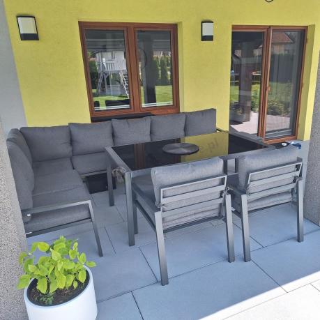 Duży narożnik ogrodowy metalowy 294x184cm Sodor Corner XXL z 2 fotelami, 2 pufami i stołem 160cm - Dark Grey