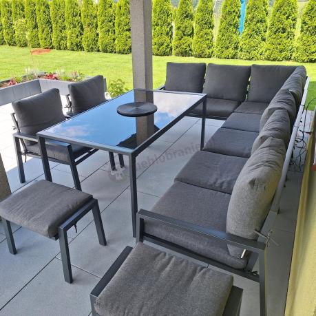 Duży narożnik ogrodowy metalowy 294x184cm Sodor Corner XXL z 2 fotelami, 2 pufami i stołem 160cm - Dark Grey