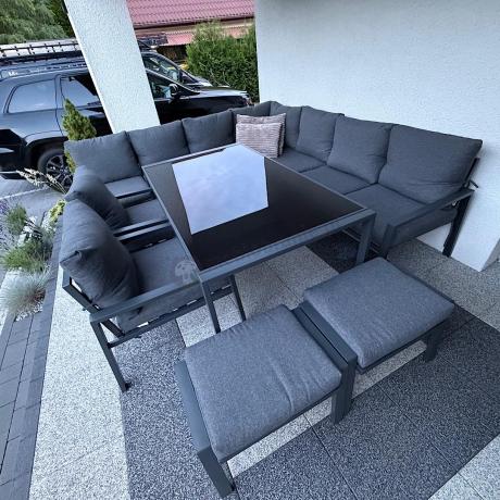 Duży narożnik ogrodowy metalowy 294x184cm Sodor Corner XXL z 2 fotelami, 2 pufami i stołem 160cm - Dark Grey