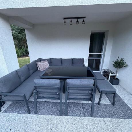 Duży narożnik ogrodowy metalowy 294x184cm Sodor Corner XXL z 2 fotelami, 2 pufami i stołem 160cm - Dark Grey