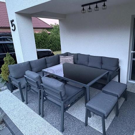 Duży narożnik ogrodowy metalowy 294x184cm Sodor Corner XXL z 2 fotelami, 2 pufami i stołem 160cm - Dark Grey