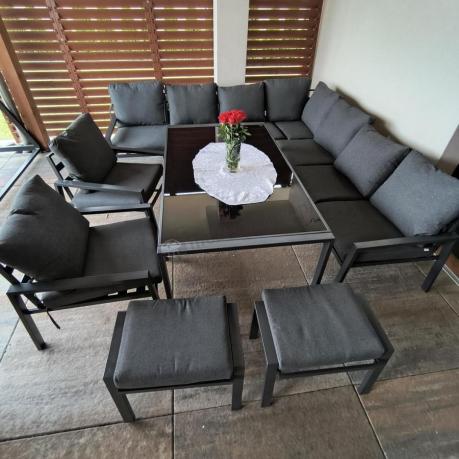 Duży narożnik ogrodowy metalowy 294x184cm Sodor Corner XXL z 2 fotelami, 2 pufami i stołem 160cm - Dark Grey