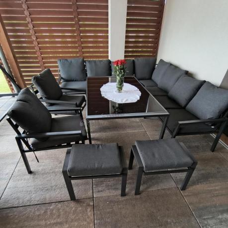 Duży narożnik ogrodowy metalowy 294x184cm Sodor Corner XXL z 2 fotelami, 2 pufami i stołem 160cm - Dark Grey