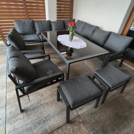 Duży narożnik ogrodowy metalowy 294x184cm Sodor Corner XXL z 2 fotelami, 2 pufami i stołem 160cm - Dark Grey