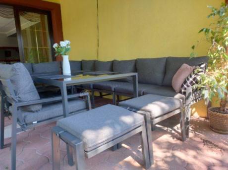 Duży narożnik ogrodowy metalowy 294x184cm Sodor Corner XXL z 2 fotelami, 2 pufami i stołem 160cm - Dark Grey