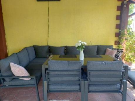 Duży narożnik ogrodowy metalowy 294x184cm Sodor Corner XXL z 2 fotelami, 2 pufami i stołem 160cm - Dark Grey