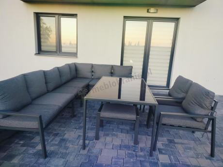 Duży narożnik ogrodowy metalowy 294x184cm Sodor Corner XXL z 2 fotelami, 2 pufami i stołem 160cm - Dark Grey