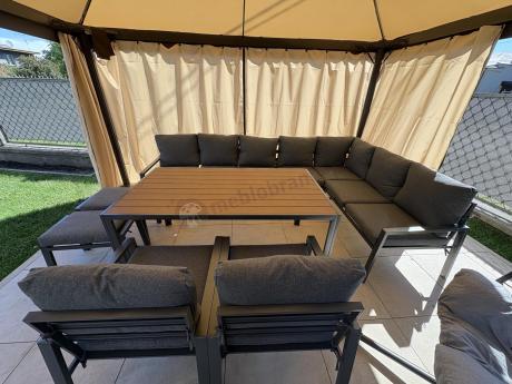 Duży narożnik ogrodowy metalowy 294x184cm Sodor Corner XXL z 2 fotelami, 2 pufami i stołem 160cm - Dark Grey Polywood
