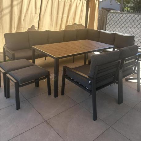 Duży narożnik ogrodowy metalowy 294x184cm Sodor Corner XXL z 2 fotelami, 2 pufami i stołem 160cm - Dark Grey Polywood