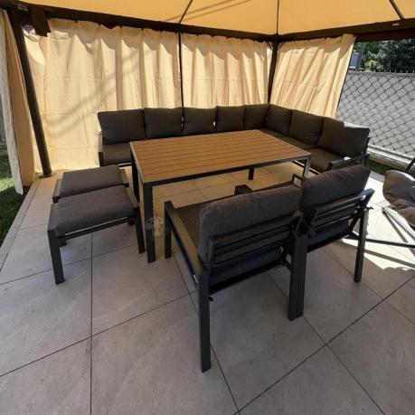 Duży narożnik ogrodowy metalowy 294x184cm Sodor Corner XXL z 2 fotelami, 2 pufami i stołem 160cm - Dark Grey Polywood
