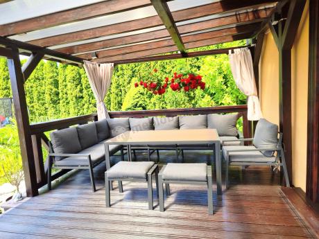 Duży narożnik ogrodowy metalowy 294x184cm Sodor Corner XXL z 2 fotelami, 2 pufami i stołem 160cm - Dark Grey Polywood