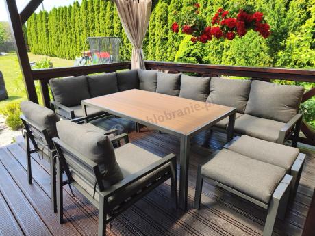 Duży narożnik ogrodowy metalowy 294x184cm Sodor Corner XXL z 2 fotelami, 2 pufami i stołem 160cm - Dark Grey Polywood