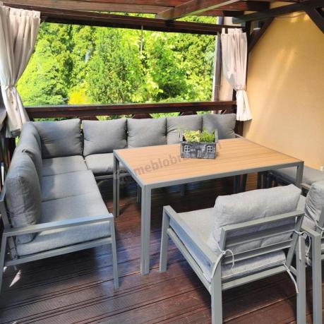 Duży narożnik ogrodowy metalowy 294x184cm Sodor Corner XXL z 2 fotelami, 2 pufami i stołem 160cm - Dark Grey Polywood