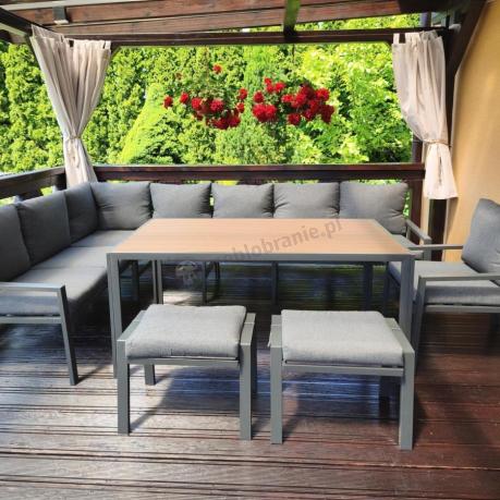 Duży narożnik ogrodowy metalowy 294x184cm Sodor Corner XXL z 2 fotelami, 2 pufami i stołem 160cm - Dark Grey Polywood