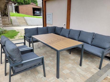 Duży narożnik ogrodowy metalowy 294x184cm Sodor Corner XXL z 2 fotelami, 2 pufami i stołem 160cm - Dark Grey Polywood
