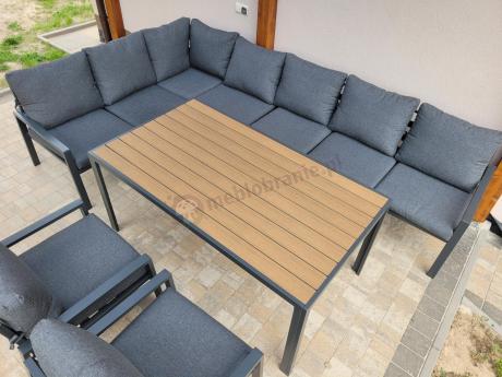 Duży narożnik ogrodowy metalowy 294x184cm Sodor Corner XXL z 2 fotelami, 2 pufami i stołem 160cm - Dark Grey Polywood