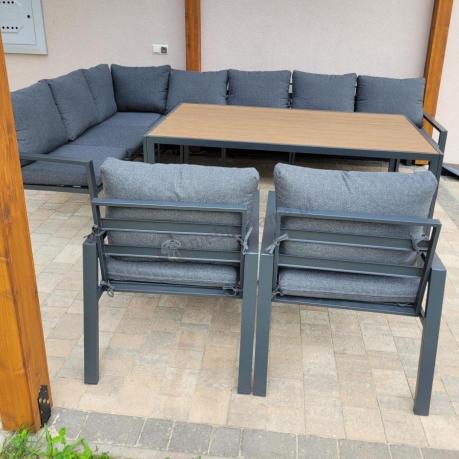 Duży narożnik ogrodowy metalowy 294x184cm Sodor Corner XXL z 2 fotelami, 2 pufami i stołem 160cm - Dark Grey Polywood