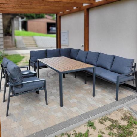 Duży narożnik ogrodowy metalowy 294x184cm Sodor Corner XXL z 2 fotelami, 2 pufami i stołem 160cm - Dark Grey Polywood